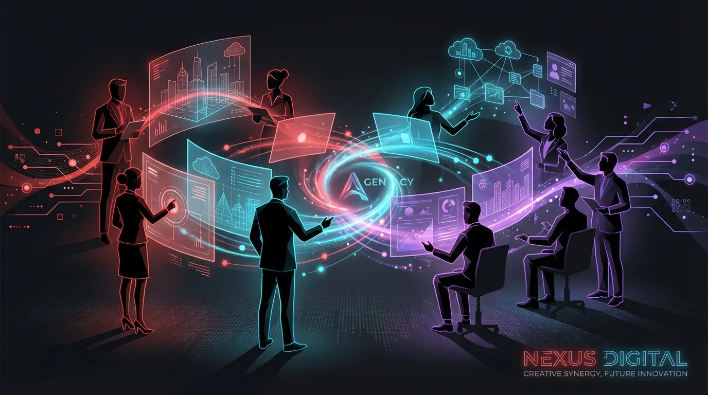 Abstract silhouettes of a creative marketing team collaborating with glowing data and design elements