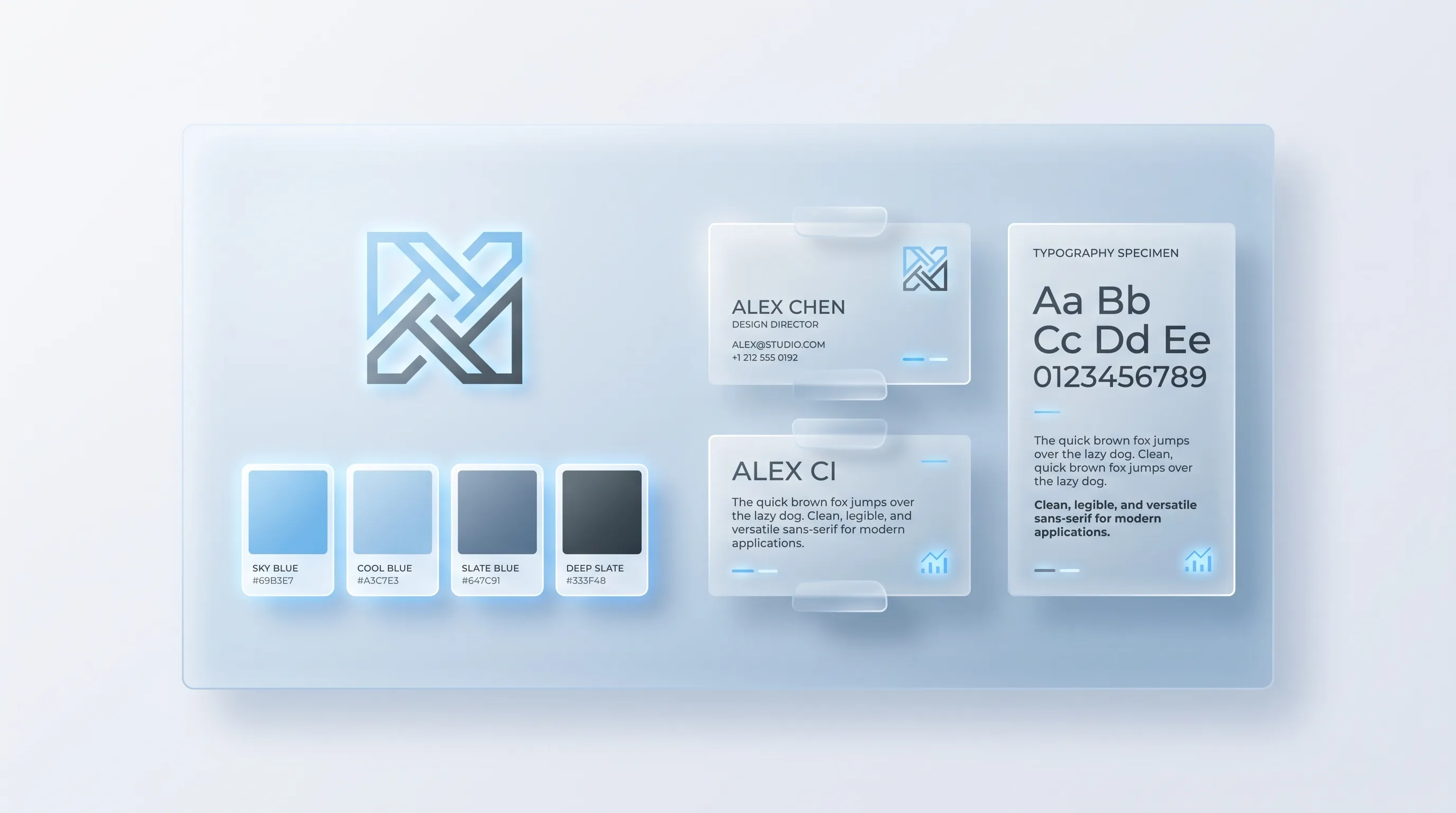 Abstract brand identity elements including logo geometry, typography, and color swatches