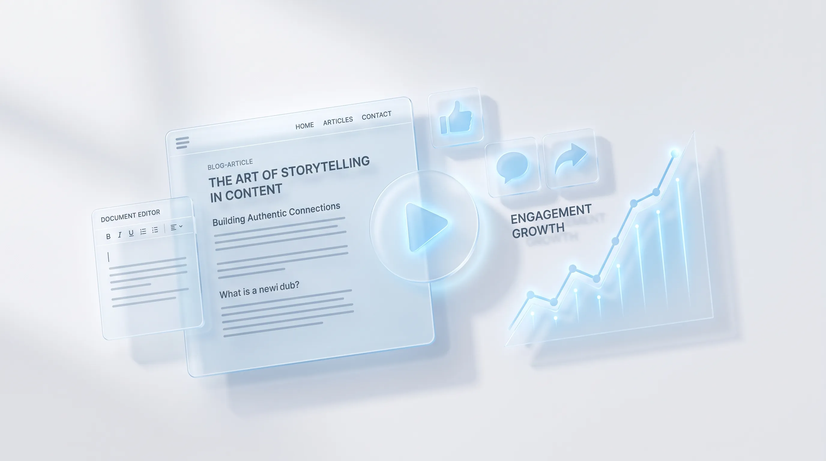 Abstract content creation elements including video, social posts, and copywriting