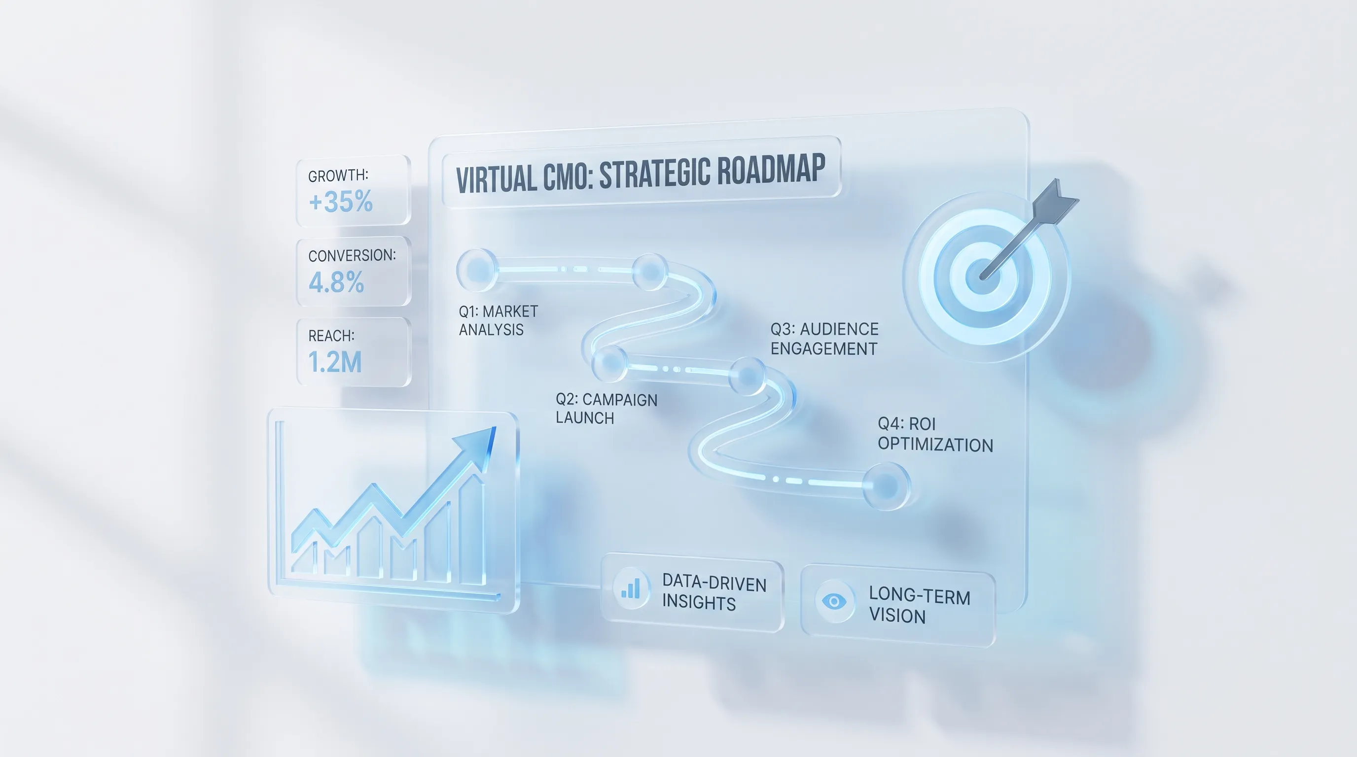 Strategic planning visualization with growth charts, roadmap timeline, and target icons