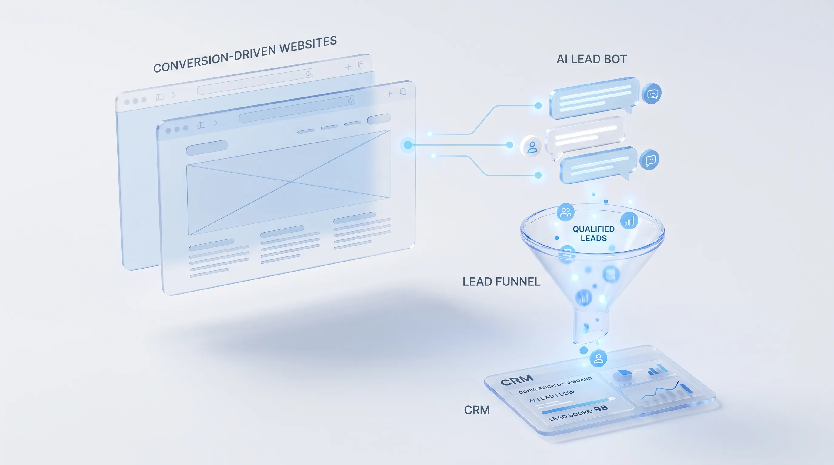 Web design wireframes and chatbot interfaces with conversion funnel visualization